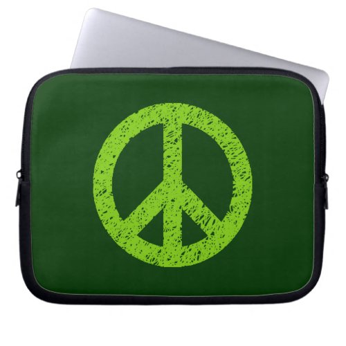 Stencilled Peace Symbol _ Martian Grn on Dk Grn Laptop Sleeve