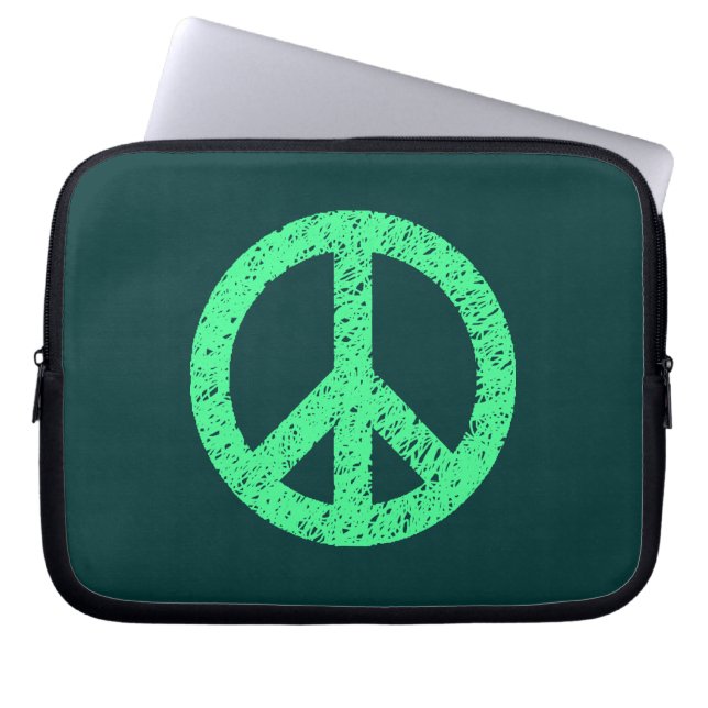 Stencilled Peace Symbol - Mint Grn on Dk Grn Laptop Sleeve (Front)