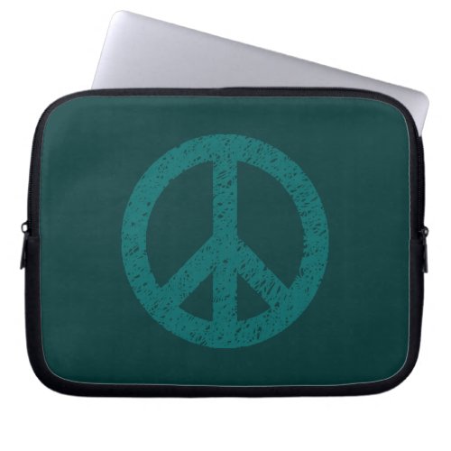 Stencilled Peace Symbol _ Teal on Dk Grn Laptop Sleeve