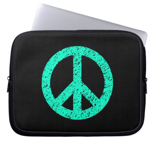 Stencilled Peace Symbol _ Turquoise on Blk Laptop Sleeve