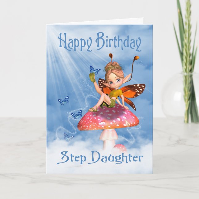 Step Daughter Birthday Card - Cute Fairy On A Mus (Front)
