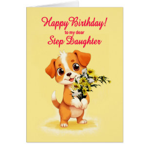 Step Daughter Birthday Puppy and Flowers  Cards