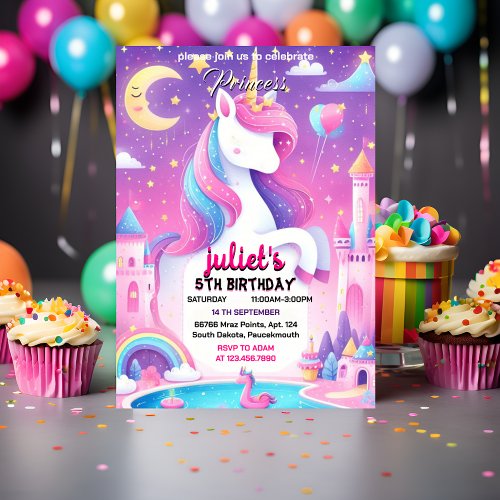 Step girly cute purple pink unicorn 1st birthday invitation
