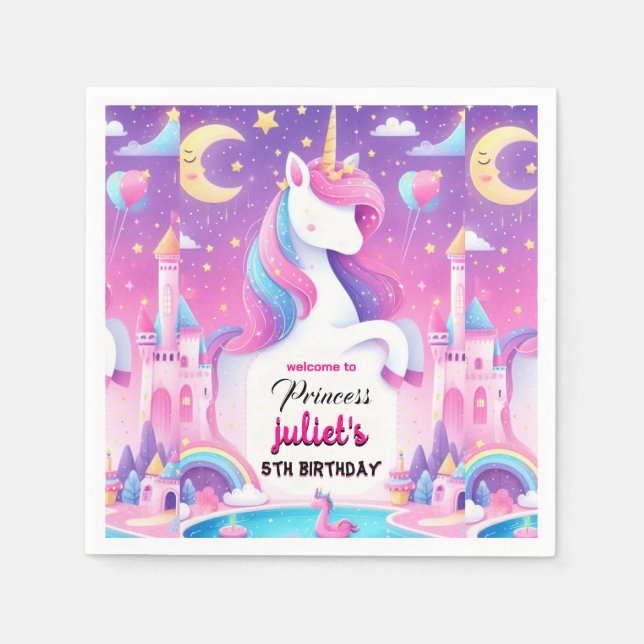 Step girly cute purple pink unicorn 5th birthday napkins (Front)