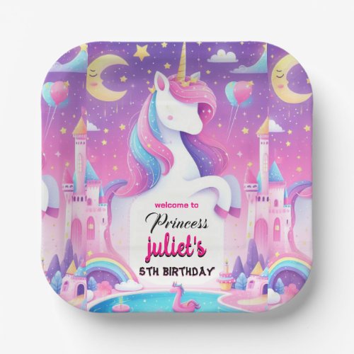 Step girly cute purple pink unicorn 5th birthday paper plates