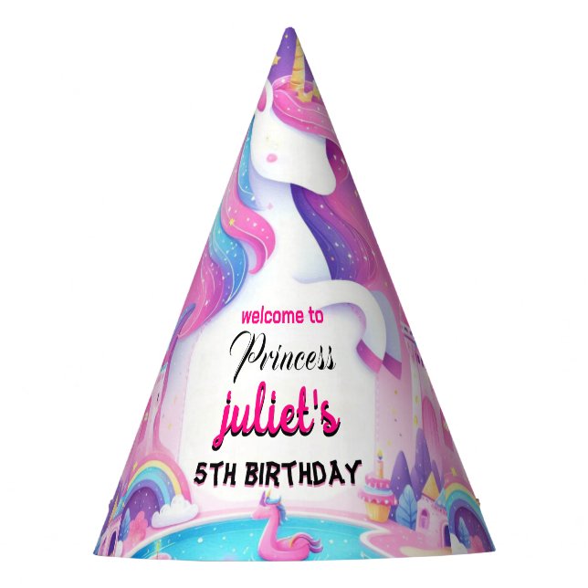 Step girly cute purple pink unicorn 5th birthday party hat (Front)