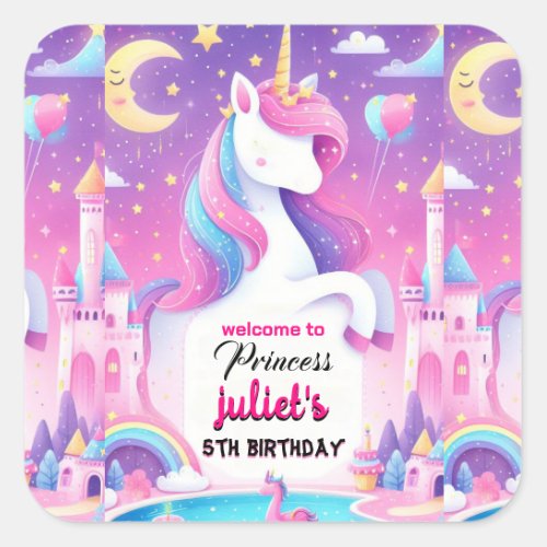 Step girly cute purple pink unicorn 5th birthday square sticker