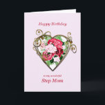 Step Mom Birthday Antique Painted Roses Card<br><div class="desc">A romantic birthday card. A painting of roses is framed by an embellished golden heart. Give your step mom a birthday greeting with a beautiful painting of a bouquet of roses.</div>
