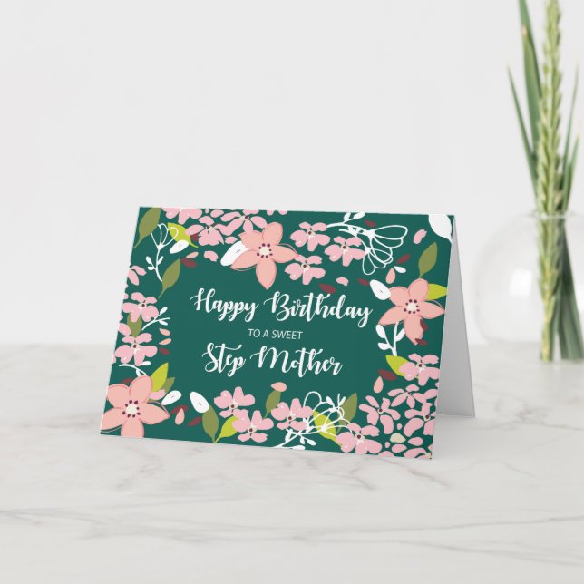 Step Mother Birthday Green Flowers Card (Front)