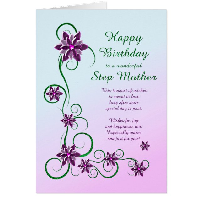 Step Mother Birthday with Scrolls and Flowers  Cards (Front)