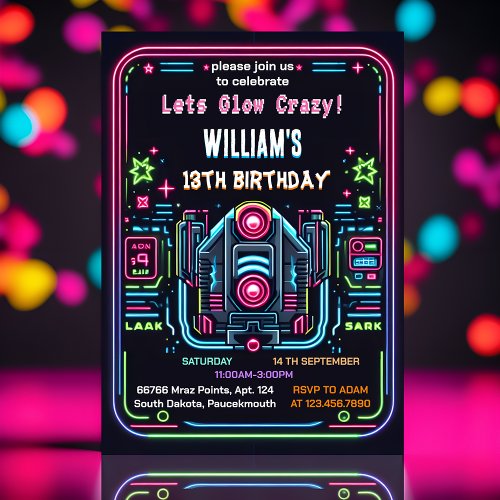 Step neon Glow arcade gun Laser Tag 13th Birthday Invitation