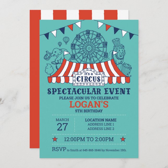 Step Right Up! Blue Editable Circus Birthday Invitation (Front/Back)
