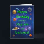 Step Son Birthday Best in the Universe  Card<br><div class="desc">Give your space loving step son the best birthday card ever! Tell your step son that he is the best in the universe. A space scene with all the planets and the moon aligning to wish a very happy birthday.</div>