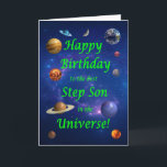 Step Son Birthday Best in the Universe  Card<br><div class="desc">Give your space loving step son the best birthday card ever! Tell your step son that he is the best in the universe. A space scene with all the planets and the moon aligning to wish a very happy birthday.</div>