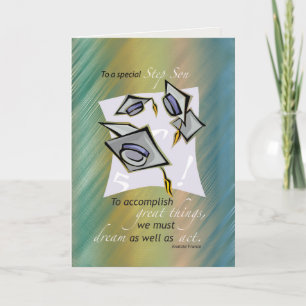 Step Son Graduation Hats in Air, Congratulations G Card