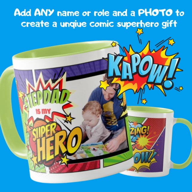 STEPDAD Is My SUPERHERO Personalized PHOTO COMIC Mug (Creator Uploaded)