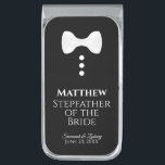 Stepfather of the Bride White Tie Tuxedo Wedding Silver Finish Money Clip<br><div class="desc">These fun money clips are designed as a gift or favor for the stepfather of the bride. They feature a fun design of a white bow tie with three white buttons over a black background, resembling a tuxedo. The text reads "Stepfather of the Bride" and has a place to enter...</div>