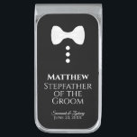 Stepfather of the Groom White Tie Tuxedo Wedding Silver Finish Money Clip<br><div class="desc">These fun money clips are designed as a gift or favor for the stepfather of the groom. They feature a fun design of a white bow tie with three white buttons over a black background, resembling a tuxedo. The text reads "Stepfather of the Groom" and has a place to enter...</div>