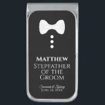 Stepfather of the Groom White Tie Tuxedo Wedding Silver Finish Money Clip<br><div class="desc">These fun money clips are designed as a gift or favor for the stepfather of the groom. They feature a fun design of a white bow tie with three white buttons over a black background, resembling a tuxedo. The text reads "Stepfather of the Groom" and has a place to enter...</div>