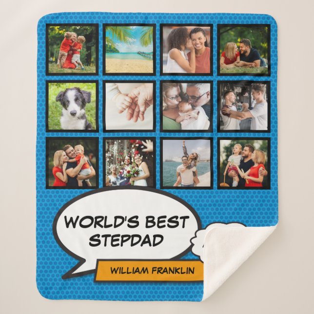 Stepfather Stepdad Photo Collage Fun Blue Sherpa Blanket (Front)