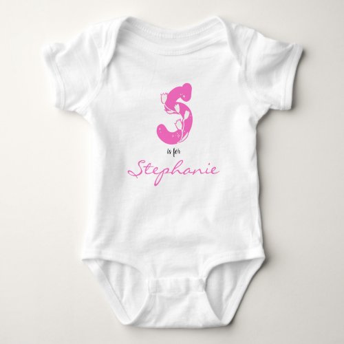 Stephanie name Reveal Floral Letter S Pink Flower Baby Bodysuit