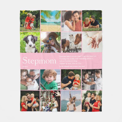 Stepmom Bonus Mom Definition Photo Collage Pink Fleece Blanket