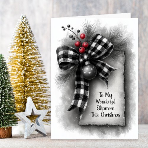 Stepmom Buffalo Plaid Bow Christmas Holiday Card