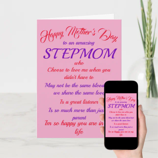 Stepmom Mother's Day Pink Typography Card Zazzle