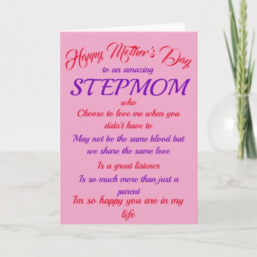 Stepmom Mothers Day Pink Typography Card