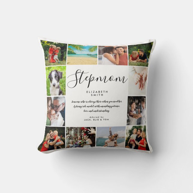 Stepmom Quote Modern Script 12 Photo Collage Throw Pillow (Front)