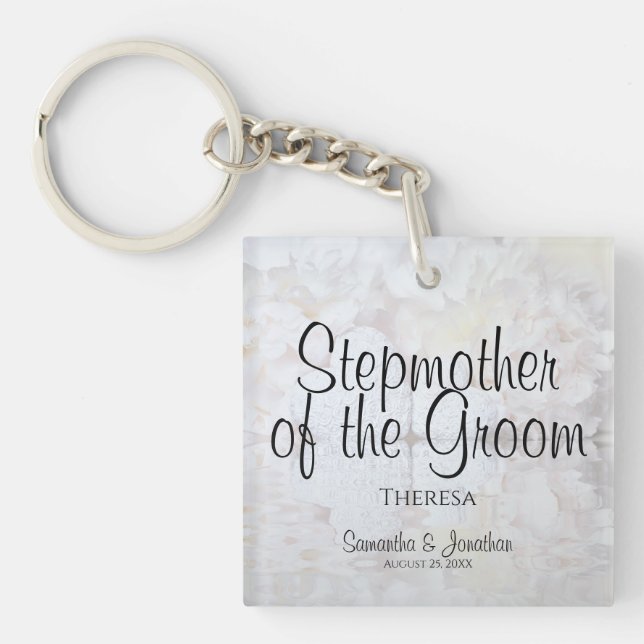 Stepmother of the Groom Wedding White Peonies Keychain (Front)