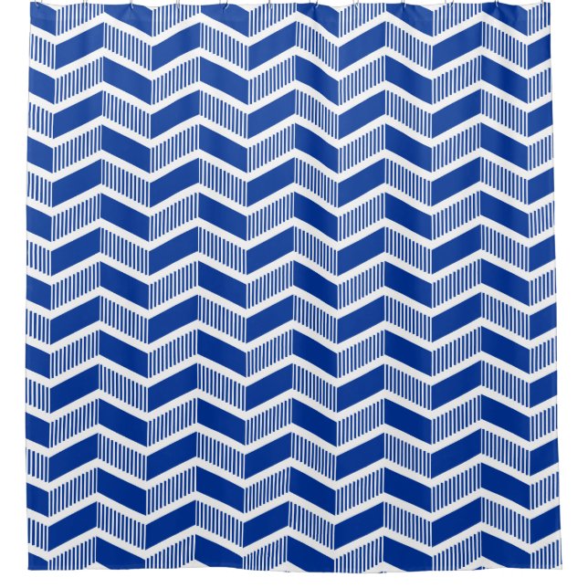 Stepped Chevrons - Navy Blue and White Shower Curtain (Front)