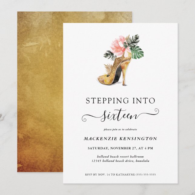 Stepping Into 16 Chic Floral Gold Heels Birthday I Invitation (Front/Back)