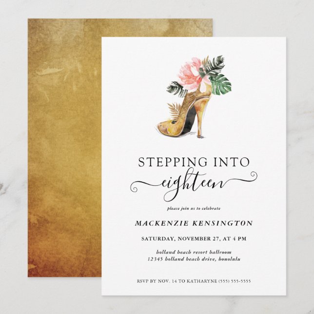 Stepping Into 18 Chic Floral Gold Heels Birthday Invitation (Front/Back)