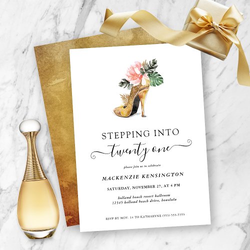Stepping Into 21 Chic Floral Gold Heels Birthday I Invitation