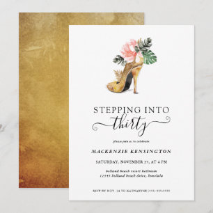 Stepping Into 30 Chic Floral Gold Heels Birthday Invitation