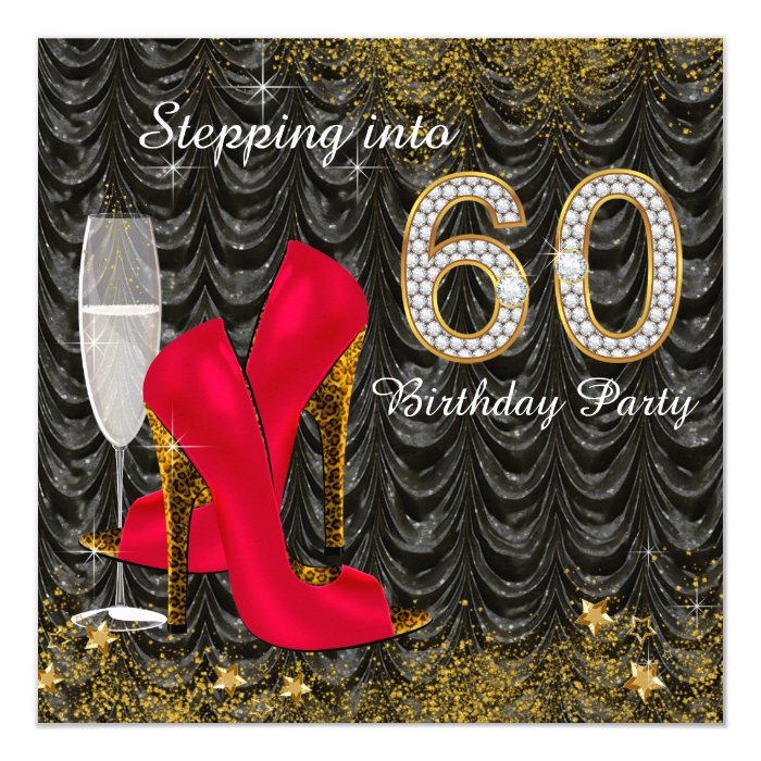 Stepping Into 60 Birthday Party Glitter Satin Red Card | Zazzle