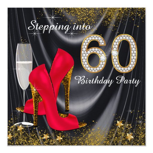 Stepping Into 60 Birthday Party Glitter Satin Red Card | Zazzle