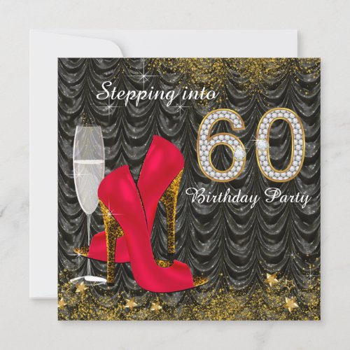 Stepping Into 60 Birthday Party Glitter Satin Red Invitation