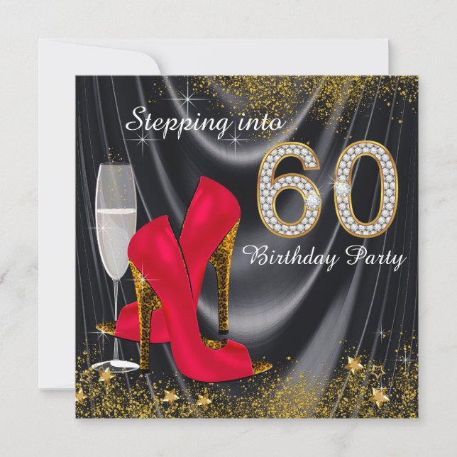 Stepping Into 60 Birthday Party Glitter Satin Red Invitation (Front)