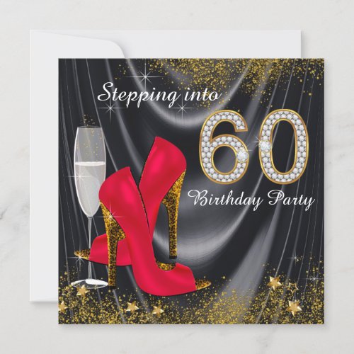 Stepping Into 60 Birthday Party Glitter Satin Red Invitation