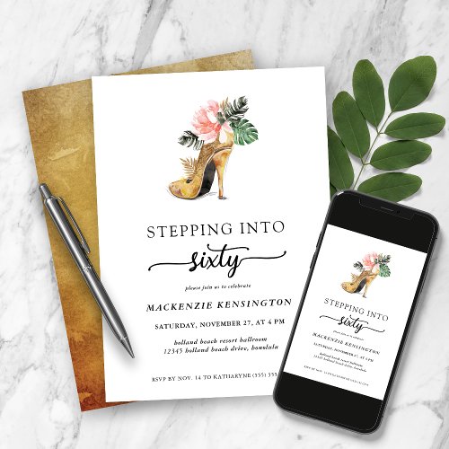 Stepping Into 60 Chic Floral Gold Heels Birthday Invitation
