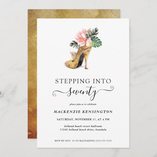 Stepping Into 70 Chic Floral Gold Heels Birthday Invitation