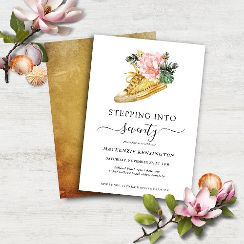Stepping Into 70 Floral Gold Shoe Birthday Invitation