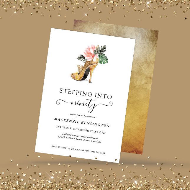 Stepping Into 90 Chic Floral Gold Heels Birthday Invitation (Creator Uploaded)
