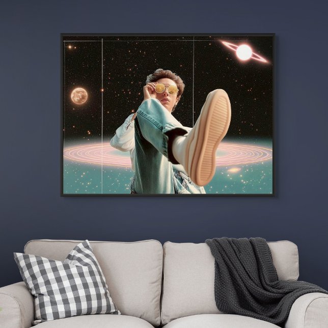 Stepping Into Another Orbit Poster (Surreal Portrait with Space Background and Planets)