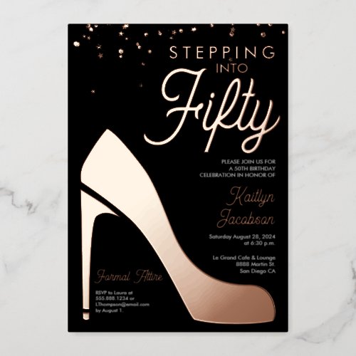 Stepping into fifty 50th Birthday Party High heels Foil Holiday Card