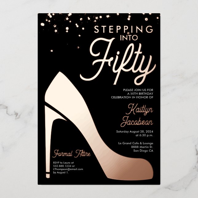 Stepping into fifty 50th Birthday Party High heels Foil Holiday Card (Front)