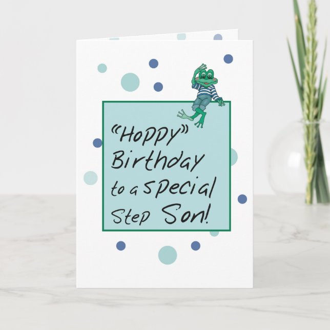 Stepson Frog in Jeans, Birthday, Polka Dots Card (Front)