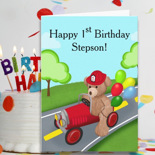 Stepson Happy 1st Birthday Teddy Bear  Firetruck Card (Creator Uploaded)